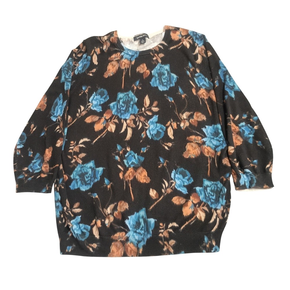 Lands End Floral Sweater Womens Large Black Blue Supima Cotton 3/4 Sleeve Rose